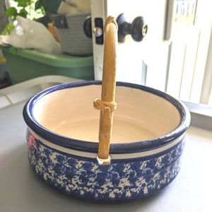 SISU 1989 signed handmade pottery bowl with bamboo handle blue and white 7.5"